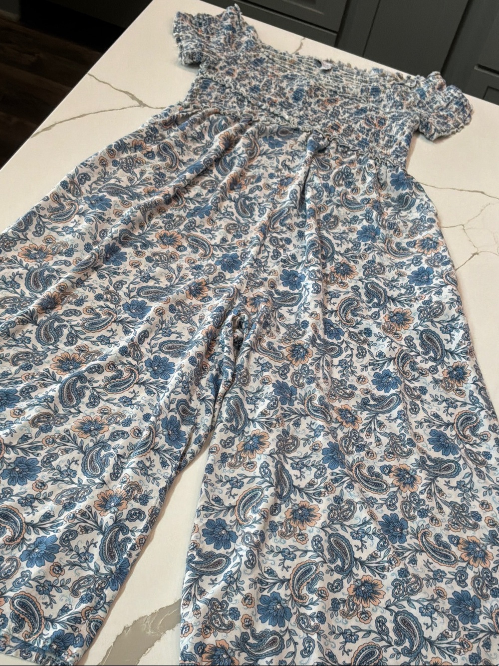 Patrons of Peace Medium Smocked Off-Shoulder Paisley Jumpsuit - Blue & Cream